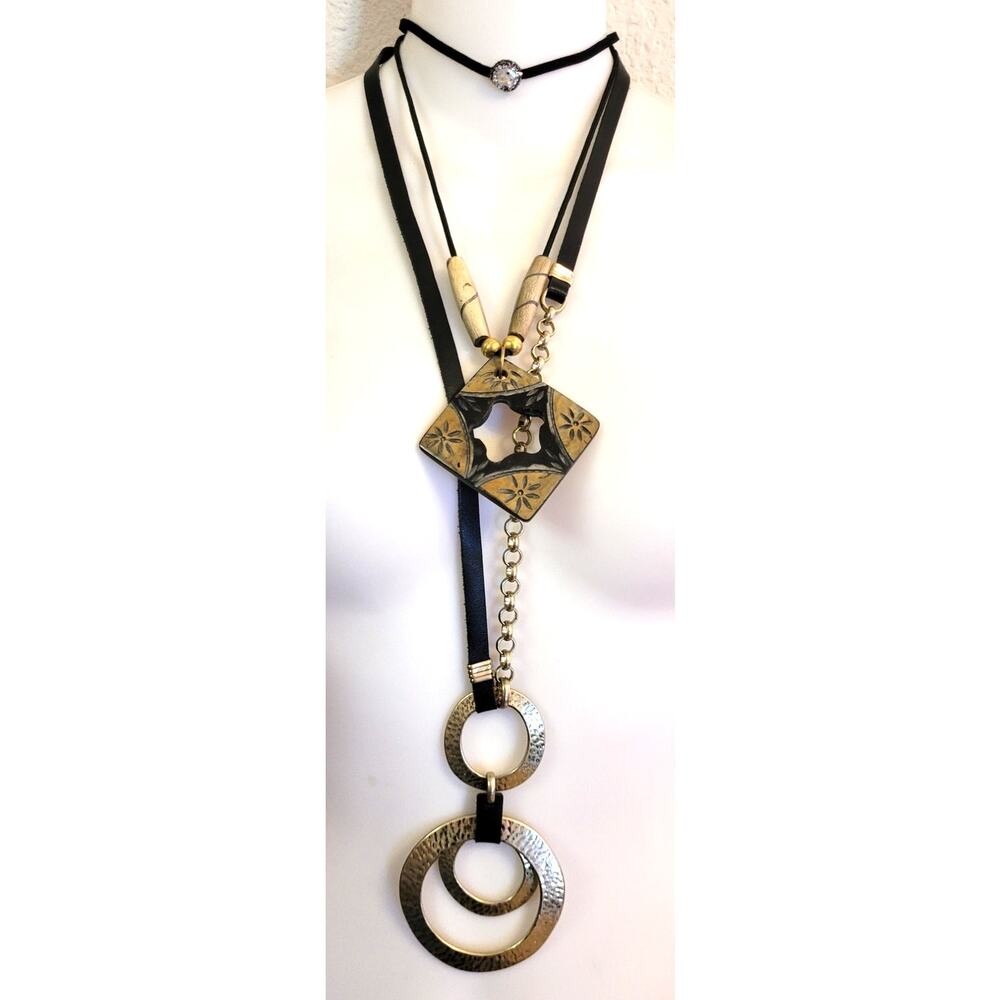 Boho Hippie Necklace 3 Pc Lot Choker Organic Chain Abalone Wood Metal Pendants